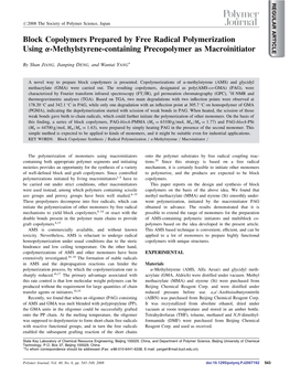 Block Copolymers Prepared by Free Radical Polymerization Using -Methylstyrene-Containing Precopolymer As Macroinitiator