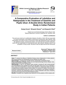 A Comparative Evaluation of Lafutidine and Rabeprazole in the Treatment of Gastritis and Peptic Ulcer: a Double-Blind, Randomized Study in Indian Patients