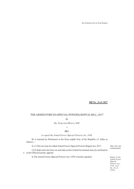 THE ARMED FORCES (SPECIAL POWERS) REPEAL BILL, 2017 By