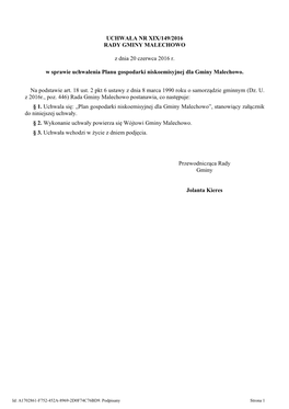 Plan Gospodarki Niskoemisyjnej Dla Gminy Malechowo”, Stanowiący Załącznik Do Niniejszej Uchwały