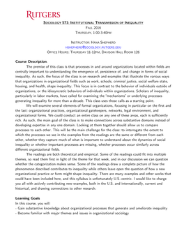 Institutional Transmission of Inequality Fall 2016 Thursday, 1:00-3:40Pm