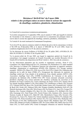 Décision N° 06-D-03 Bis* Du 9 Mars 2006 Relative À Des Pratiques Mises En Œuvre Dans Le Secteur Des Appareils De Chauffage, Sanitaires, Plomberie, Climatisation