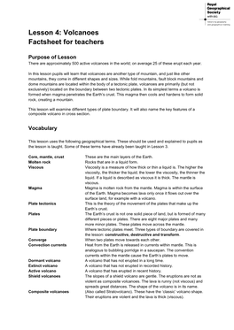 Lesson 4: Volcanoes Factsheet for Teachers