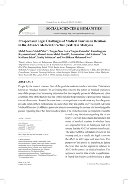 SOCIAL SCIENCES & HUMANITIES Prospect and Legal Challenges of Medical Tourism in Relation to the Advance Medical Directive