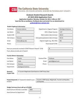 Graduate Student Research Awards AY 2015-2016 Application Form Application Deadline: Monday, October 26, 2015, 5:00 P.M