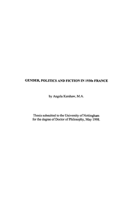 GENDER, POLITICS and FICTION in 1930S FRANCE by Ange1a