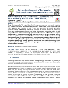 PHYTOCHEMICAL and ANTIMICROBIAL SCREENING and NUTRITIONAL QUALITIES of FICUS SUR (FORSSK) Ojukwu U.P 1, Ibekwe O