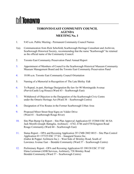 TORONTO EAST COMMUNITY COUNCIL AGENDA MEETING No. 1