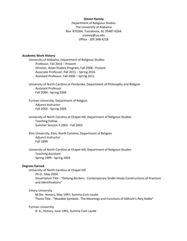 Steven Ramey Department of Religious Studies the University of Alabama Box 870264, Tuscaloosa, AL 35487-0264 Sramey@Ua.Edu Office - 205.348.4218