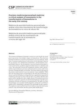 Precision Medicine/Personalized Medicine: a Critical Analysis of Movements in the Transformation of Biomedicine in the Early 21St Century