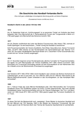 Die Geschichte Des Handball-Verbandes Berlin Eine (Nicht Ganz Vollständige) Chronologische Sammlung Großer Und Kleiner Ereignisse