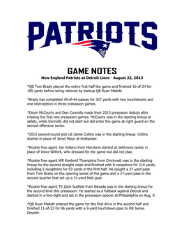 Patriots at Philadelphia Game Notes