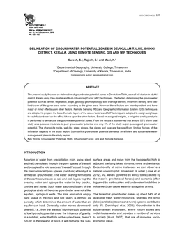 Delineation of Groundwater Potential Zones in Devikulam Taluk, Idukki District, Kerala, Using Remote Sensing, Gis and Mif Techniques