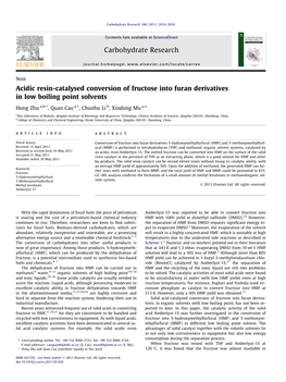 Acidic Resin-Catalysed Conversion of Fructose Into Furan Derivatives in Low Boiling Point Solvents