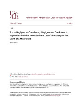 Torts—Negligence—Contributory Negligence of One Parent Is Imputed to the Other to Diminish the Latter's Recovery for the Death of a Minor Child