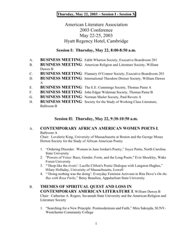 American Literature Association 2003 Conference May 22-25, 2003 Hyatt Regency Hotel, Cambridge