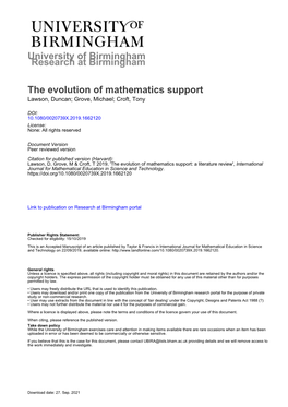 The Evolution of Mathematics Support Lawson, Duncan; Grove, Michael; Croft, Tony