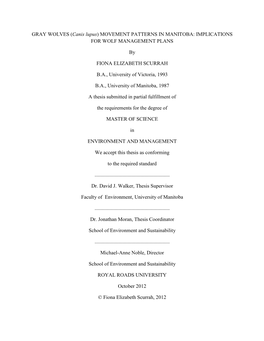 Gray Wolf (Canis Lupus) Movement Patterns in Manitoba: Implications for Wolf Management Plans