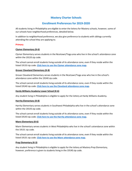 Mastery Charter Schools Enrollment Preferences for 2019-2020