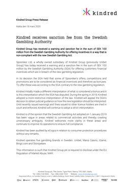 Kindred Receives Sanction Fee from the Swedish Gambling Authority