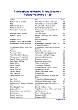 Publications Reviewed in Archaeology Ireland Volumes 1 - 29