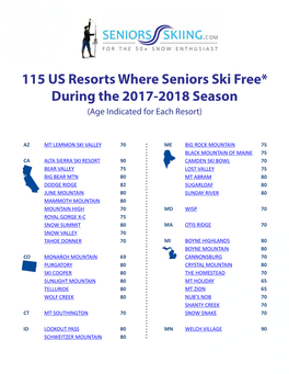 115 US Resorts Where Seniors Ski Free* During the 2017-2018 Season (Age Indicated for Each Resort)