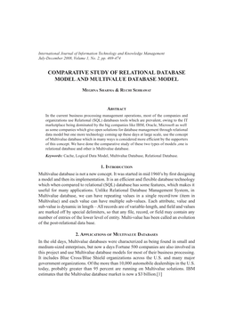 Comparative Study O. Relational Database Model and Multivalue Database Model