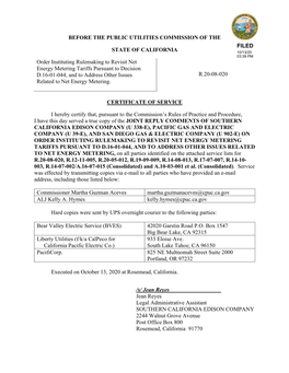 BEFORE the PUBLIC UTILITIES COMMISSION of the STATE of CALIFORNIA Order Instituting Rulemaking to Revisit Net Energy Metering Ta