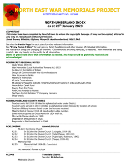 NORTHUMBERLAND INDEX As at 20Th January 2020