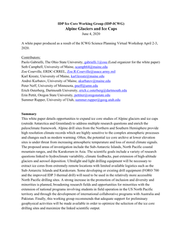 Ice Core Working Group (IDP-ICWG) Alpine Glaciers and Ice Caps June 4, 2020