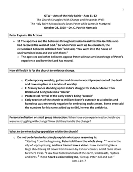 GTW – Acts of the Holy Spirit – Acts 11-12 the Church Struggles With