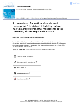 A Comparison of Aquatic and Semiaquatic Heteroptera (Hemiptera) Inhabiting Natural Habitats and Experimental Mesocosms at the University of Mississippi Field Station