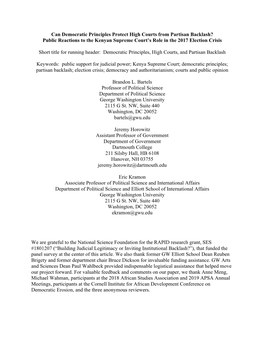 Can Democratic Principles Protect High Courts from Partisan Backlash? Public Reactions to the Kenyan Supreme Court’S Role in the 2017 Election Crisis