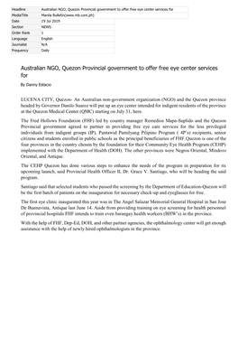 Australian NGO, Quezon Provincial Government to Offer Free Eye Center