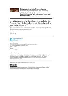 Développement Durable Et Territoires, Vol. 10, N°3 | Décembre 2019 Les Infrastructures Hydrauliques Et La Maîtrise De L’Eau En Crau : De La Prod