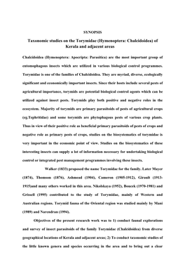 Taxonomic Studies on the Torymidae (Hymenoptera: Chalcidoidea) of Kerala and Adjacent Areas