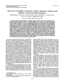 Secretory S Complex of Bacillus Subtilis: Sequence