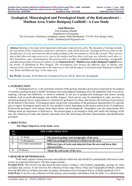 Geological, Mineralogical and Petrological Study of the Kalyaneshwari - Maithan Area, Under Raniganj Coalfield : a Case Study