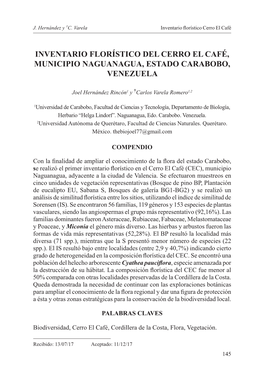 Inventario Florístico Del Cerro El Café, Municipio Naguanagua, Estado Carabobo, Venezuela