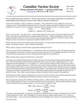 Energy and Power Fact Sheet – a Serving of Unit Soup Watt Calorie  Education  Teachers