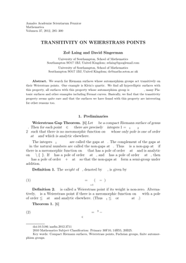 Transitivity on Weierstrass Points