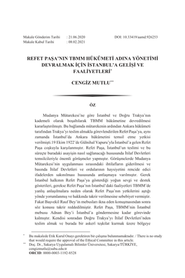 Refet Paşa'nın Tbmm Hükûmeti Adına Yönetimi Devralmak Için Istanbul'a