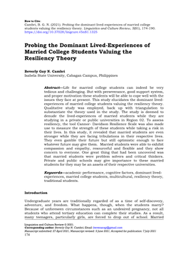 Probing the Dominant Lived-Experiences of Married College Students Valuing the Resiliency Theory