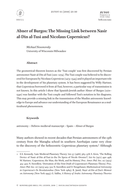 Abner of Burgos: the Missing Link Between Nasir Al-Din Al-Tusi and Nicolaus Copernicus?