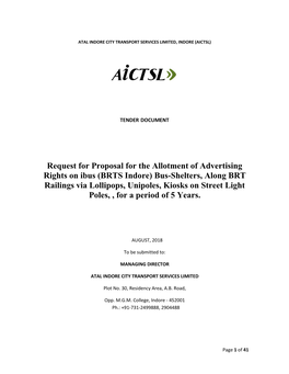 (BRTS Indore) Bus-Shelters, Along BRT Railings Via Lollipops, Unipoles, Kiosks on Street Light Poles, , for a Period of 5 Years