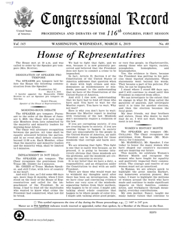 Congressional Record United States Th of America PROCEEDINGS and DEBATES of the 116 CONGRESS, FIRST SESSION