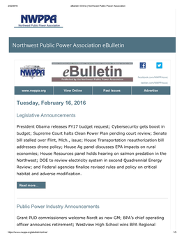 Northwest Public Power Association Ebulletin Tuesday, February 16, 2016
