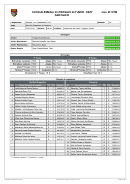 Comissão Estadual De Arbitragem De Futebol - CEAF Jogo: 29 / 2020 SÃO PAULO