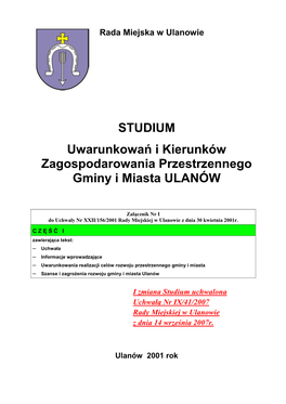 Rada Miejska W Ulanowie STUDIUM Uwarunkowań I Kierunków