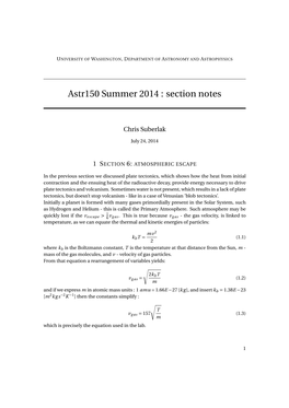 Astr150 Summer 2014 : Section Notes